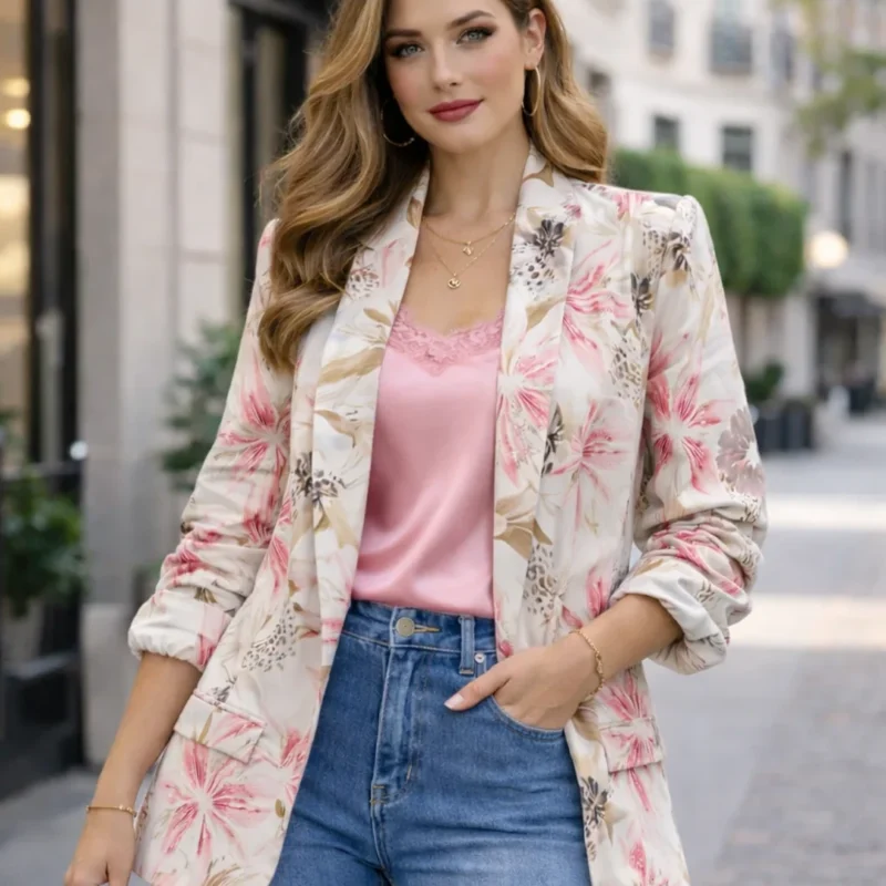 Contrast Lily Printed Rouched Sleeve Blazer